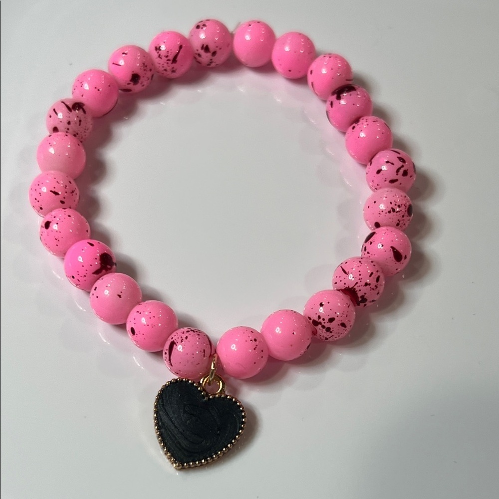Pink Beaded Bracelet with Heart Charm